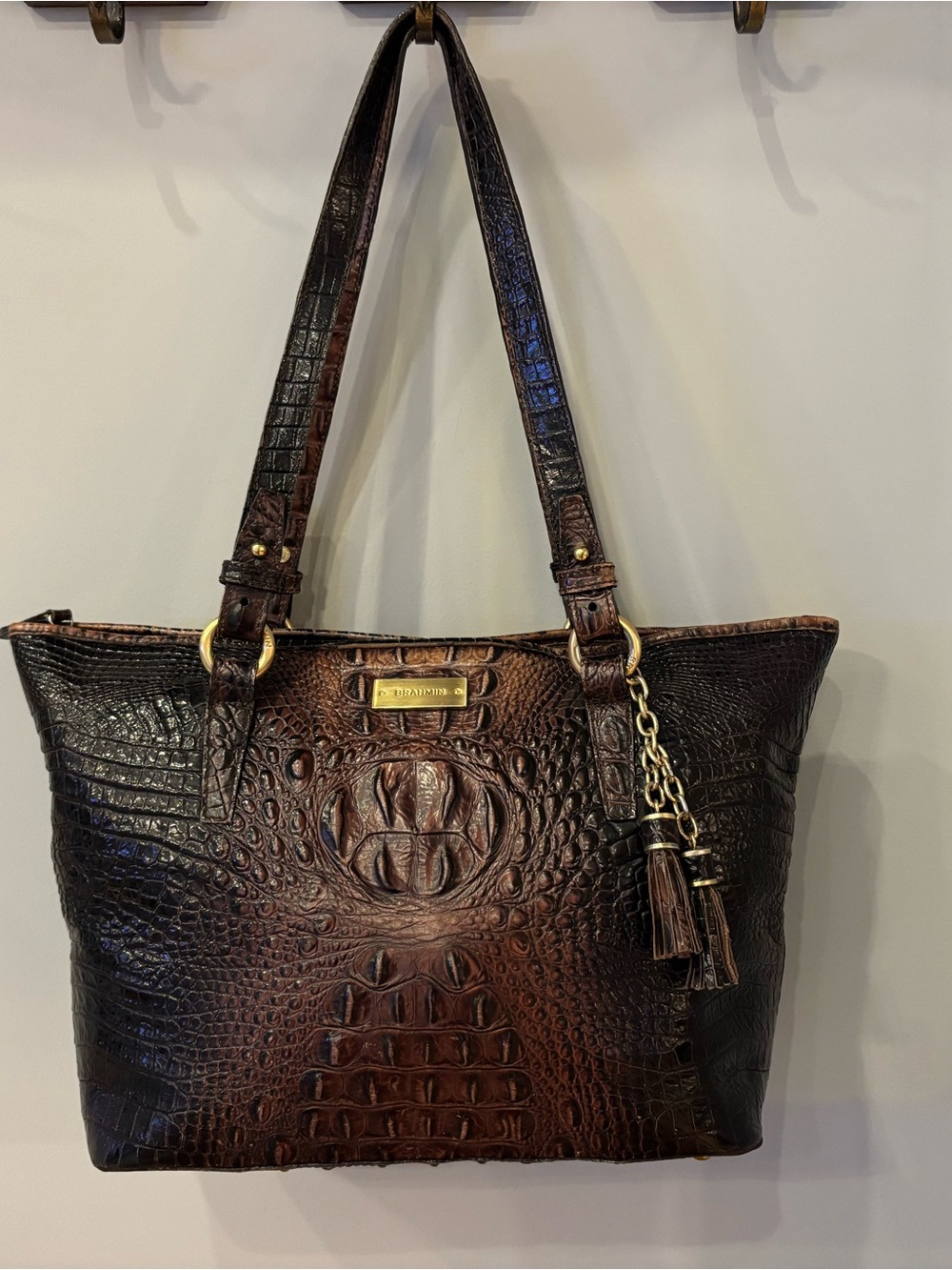 Brahmin Brown Croc-Embossed Tote with Tassel Charm